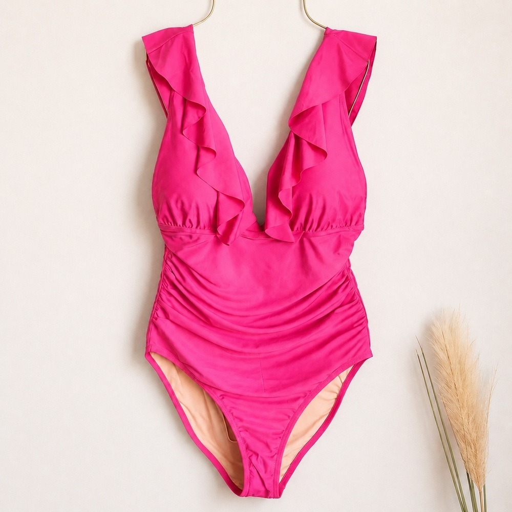 J. Crew NEW Radiant Fuchsia Pink Ruched Ruffle V-Neck One Piece Swimsuit SZ 14 - Picture 11 of 11